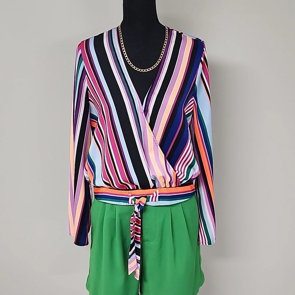EXPRESS Striped Wrap Blouse - Picture 7 of 16